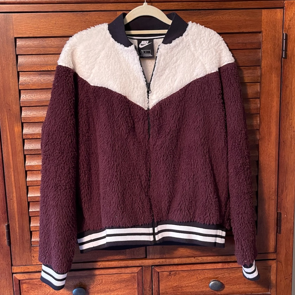 Nike Sherpa Bomber Jacket Burgundy and White
